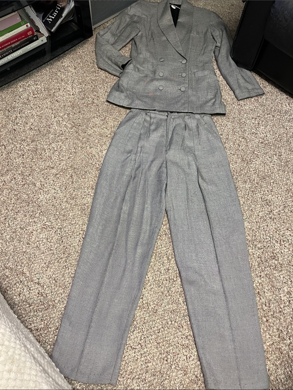 Vintage 90s long double breasted blazer Gray Tailored high waist pant Suit